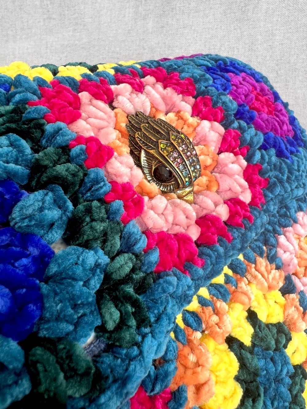 Kurt Geiger Boho Chenille Crochet Patchwork crossbody boho bag pink yellow blue
